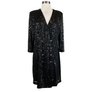 DKNY Women's Cocktail Dress Size 8 Black Sequined Long Sleeve Tuxedo Sheath